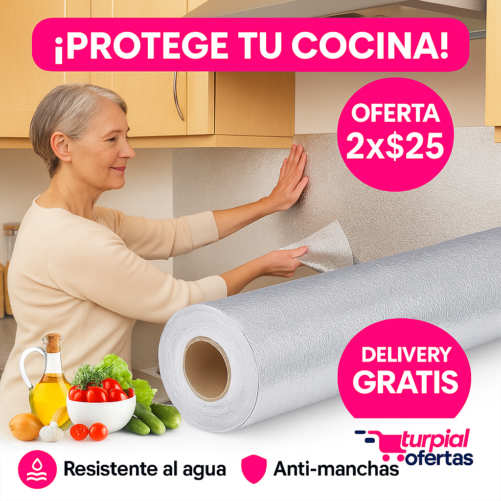 PAPEL ALUMINIO ADHESIVO ANTI-GRASA 5 METROS X 60CM (OFERTA 2X$25)